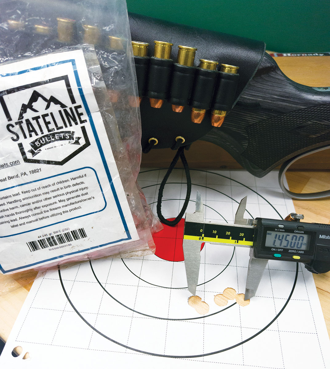 This group was shot at 75 yards using 245-grain  Stateline hard-cast SWC bullets and Alliant 2400  powder. The rifle seemed to like slower burning  powders, which makes sense given it’s barrel length.